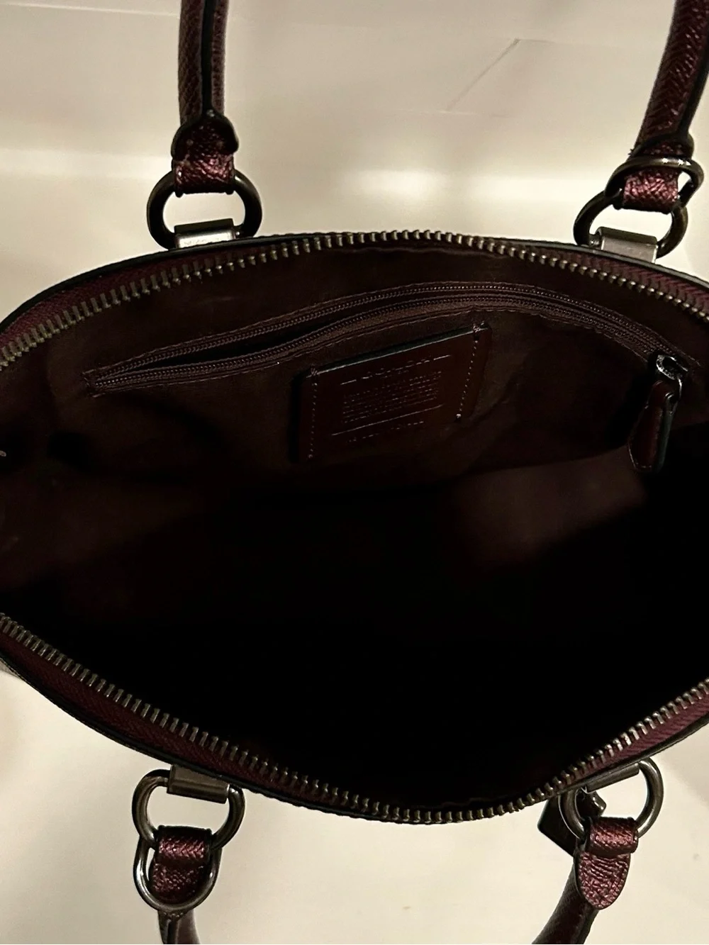 Coach Dome Satchel Handbag w/ Crossbody Strap in Metallic Burgundy